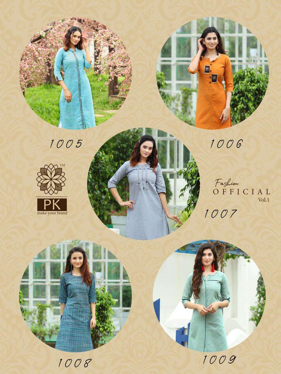 FASHION OFFICIAL BY PK 1001 TO 1009 SERIES BEAUTIFUL STYLISH FANCY COLORFUL CASUAL WEAR & ETHNIC WEAR & READY TO WEAR RAYON AND COTTON JACQUARD KURTIS AT WHOLESALE PRICE