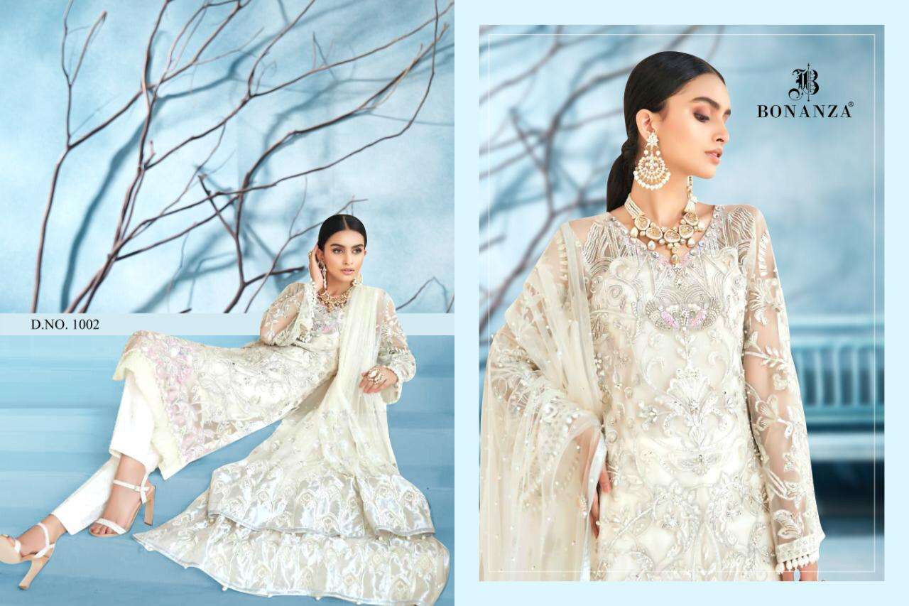 MARYAMS HUSSEN VOL-1 BY BONANZA 1001 TO 1002 SERIES BEAUTIFUL STYLISH PAKISATNI SUITS FANCY COLORFUL CASUAL WEAR & ETHNIC WEAR & READY TO WEAR BUTTERFLY NET WITH EMBROIDERY DRESSES AT WHOLESALE PRICE