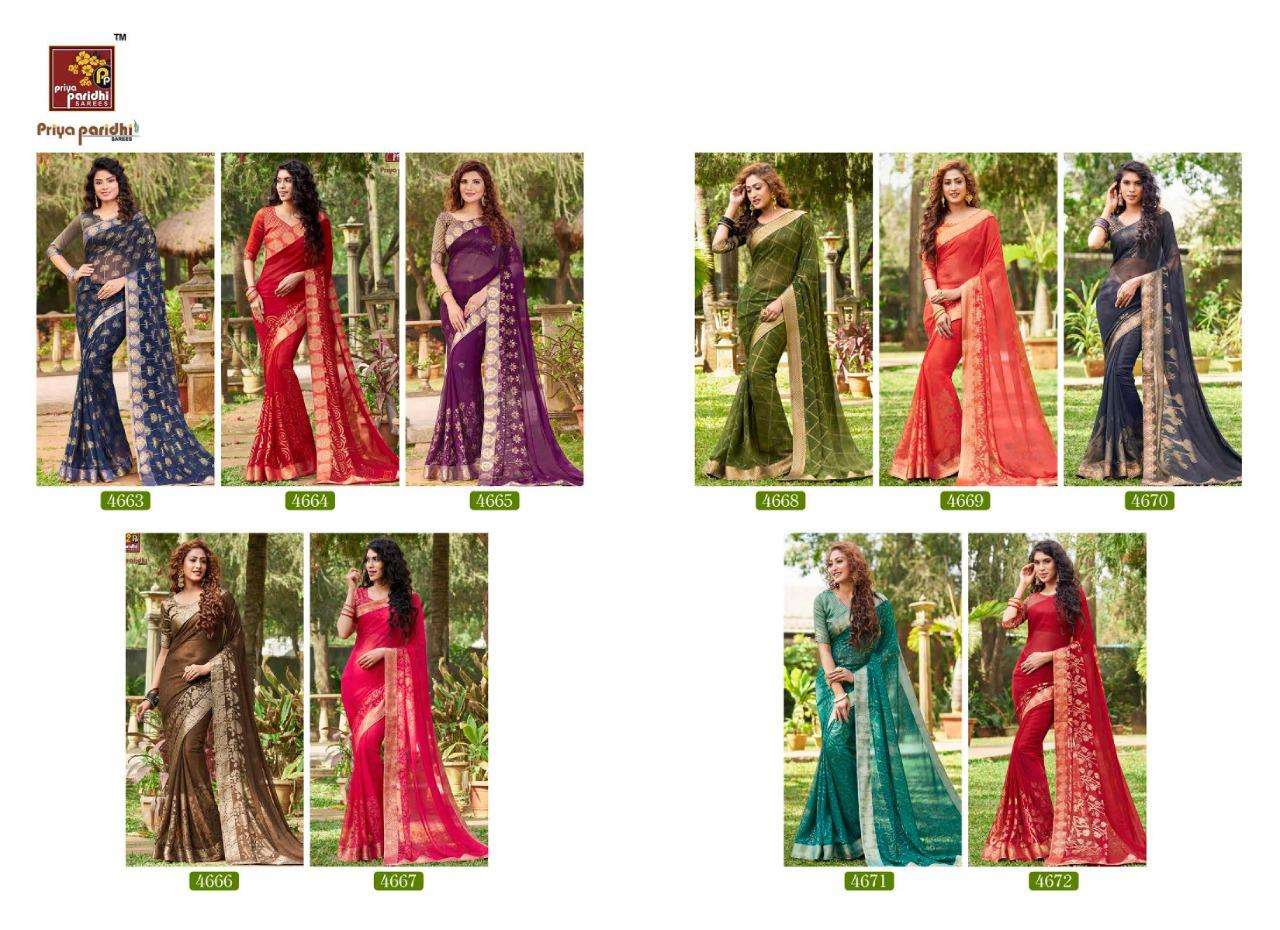 LIBAAS VOL-4 BY PARIYA PARIDHI 4663 TO 4672 SERIES INDIAN TRADITIONAL WEAR COLLECTION BEAUTIFUL STYLISH FANCY COLORFUL PARTY WEAR & OCCASIONAL WEAR FANCY GEORGETTE PRINTED SAREES AT WHOLESALE PRICE