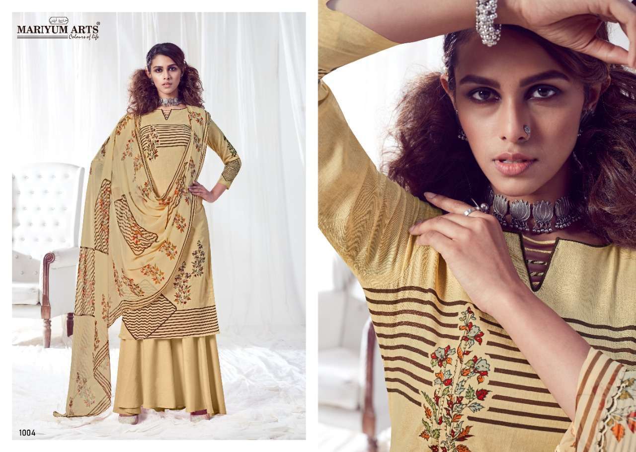 HEENAZ BY MARIYUM ARTS 1001 TO 1010 SERIES BEAUTIFUL SUITS COLORFUL STYLISH FANCY CASUAL WEAR & ETHNIC WEAR COTTON PRINTED WITH FANCY HANDWROK DRESSES AT WHOLESALE PRICE