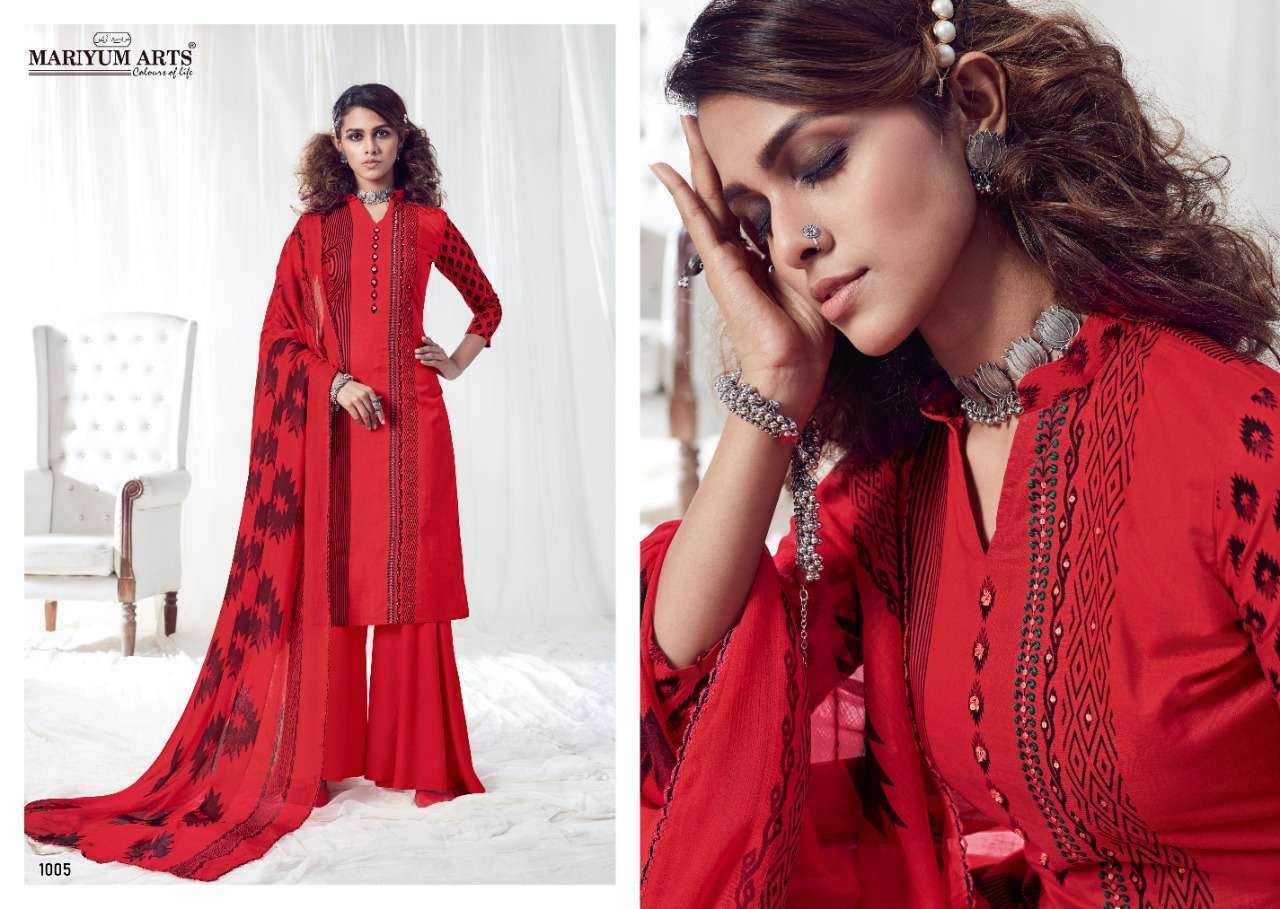 HEENAZ BY MARIYUM ARTS 1001 TO 1010 SERIES BEAUTIFUL SUITS COLORFUL STYLISH FANCY CASUAL WEAR & ETHNIC WEAR COTTON PRINTED WITH FANCY HANDWROK DRESSES AT WHOLESALE PRICE