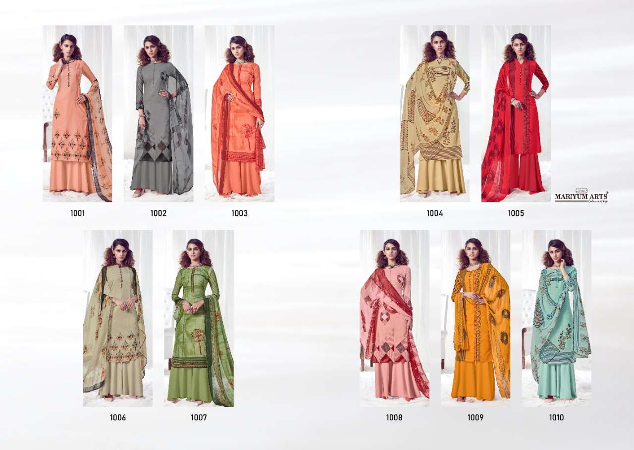 HEENAZ BY MARIYUM ARTS 1001 TO 1010 SERIES BEAUTIFUL SUITS COLORFUL STYLISH FANCY CASUAL WEAR & ETHNIC WEAR COTTON PRINTED WITH FANCY HANDWROK DRESSES AT WHOLESALE PRICE