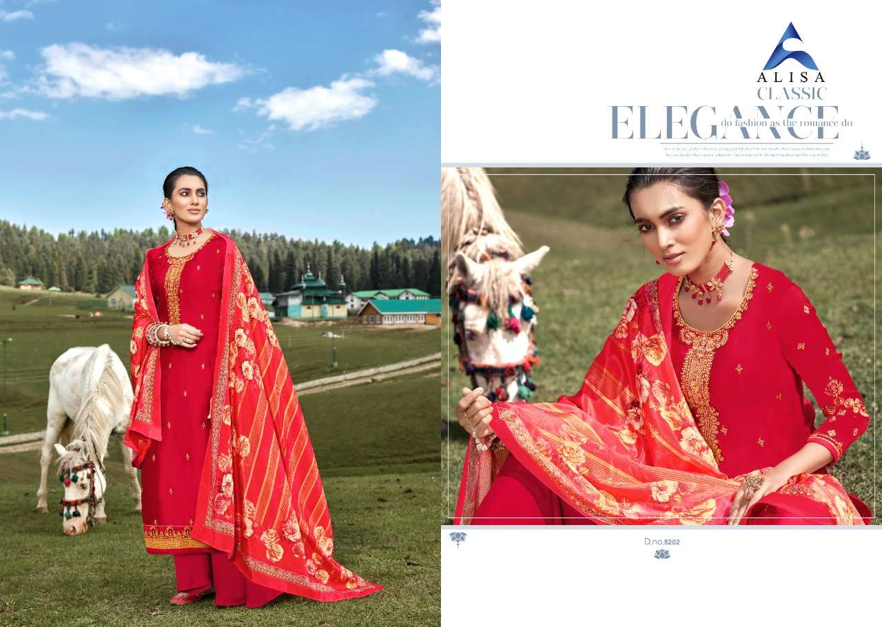GULAL BY ALISA 5201 TO 5206 SERIES BEAUTIFUL SUITS COLORFUL STYLISH FANCY CASUAL WEAR & ETHNIC WEAR SATIN GEORGETTE WITH HANDWORK DRESSES AT WHOLESALE PRICE