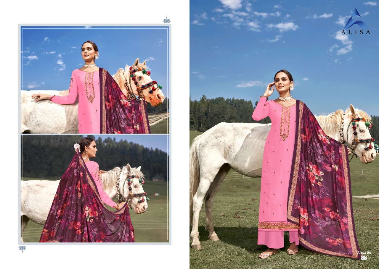 GULAL BY ALISA 5201 TO 5206 SERIES BEAUTIFUL SUITS COLORFUL STYLISH FANCY CASUAL WEAR & ETHNIC WEAR SATIN GEORGETTE WITH HANDWORK DRESSES AT WHOLESALE PRICE