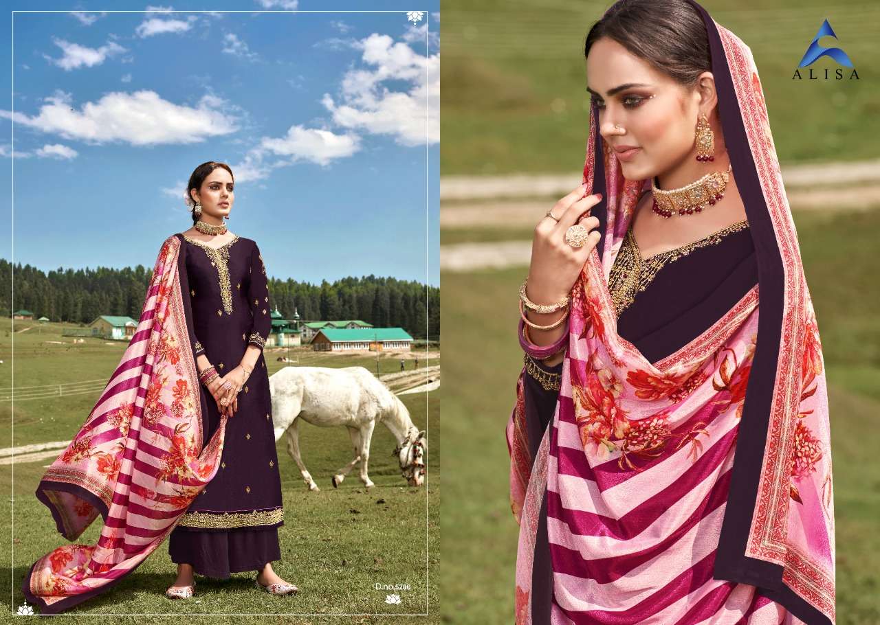 GULAL BY ALISA 5201 TO 5206 SERIES BEAUTIFUL SUITS COLORFUL STYLISH FANCY CASUAL WEAR & ETHNIC WEAR SATIN GEORGETTE WITH HANDWORK DRESSES AT WHOLESALE PRICE