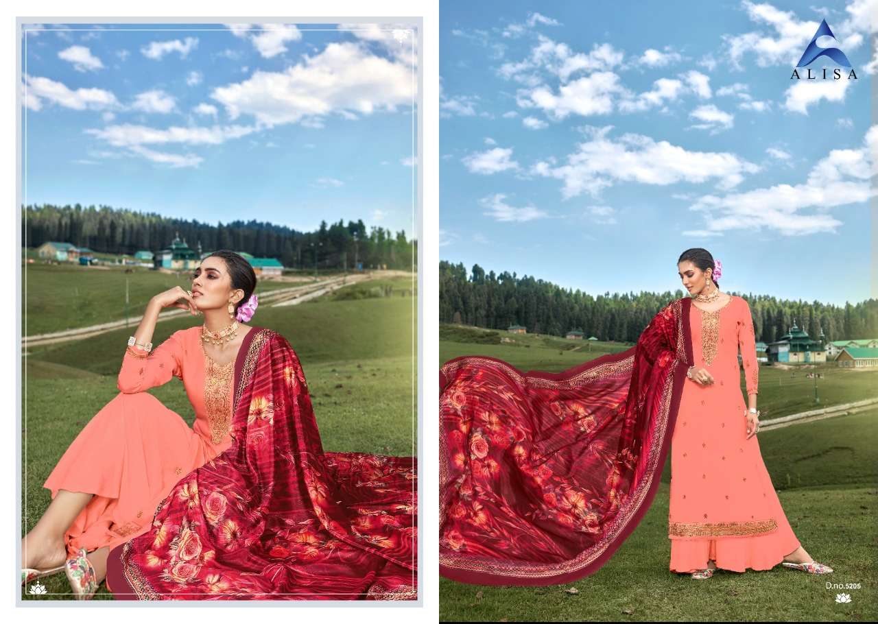 GULAL BY ALISA 5201 TO 5206 SERIES BEAUTIFUL SUITS COLORFUL STYLISH FANCY CASUAL WEAR & ETHNIC WEAR SATIN GEORGETTE WITH HANDWORK DRESSES AT WHOLESALE PRICE