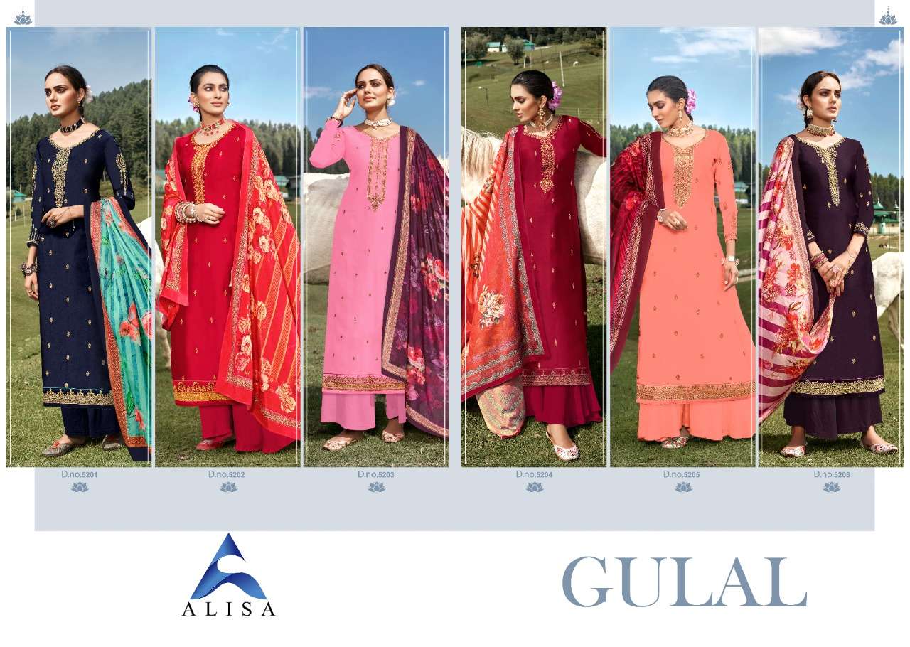 GULAL BY ALISA 5201 TO 5206 SERIES BEAUTIFUL SUITS COLORFUL STYLISH FANCY CASUAL WEAR & ETHNIC WEAR SATIN GEORGETTE WITH HANDWORK DRESSES AT WHOLESALE PRICE