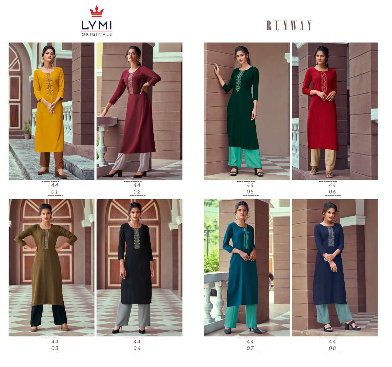 RUNWAY BY LYMI ORIGINAL 4401 TO 4408 SERIES BEAUTIFUL STYLISH FANCY COLORFUL CASUAL WEAR & ETHNIC WEAR & READY TO WEAR HEAVY RAYON NECK WORK PRINTED KURTIS AT WHOLESALE PRICE