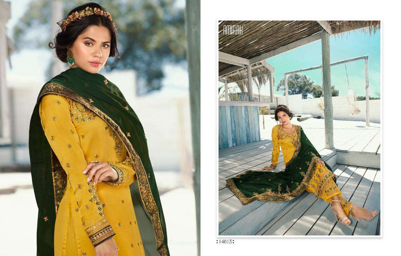 AMIRAH VOL-32 BY AMIRAH 14011 TO 14018 SERIES DESIGNER WEDDING COLLECTION BEAUTIFUL STYLISH FANCY COLORFUL PARTY WEAR & OCCASIONAL WEAR HEAVY SATIN GEORGETTE EMBROIDERED DRESSES AT WHOLESALE PRICE