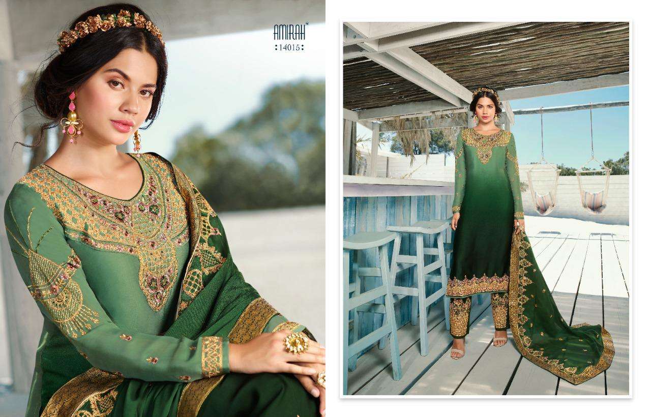 AMIRAH VOL-32 BY AMIRAH 14011 TO 14018 SERIES DESIGNER WEDDING COLLECTION BEAUTIFUL STYLISH FANCY COLORFUL PARTY WEAR & OCCASIONAL WEAR HEAVY SATIN GEORGETTE EMBROIDERED DRESSES AT WHOLESALE PRICE