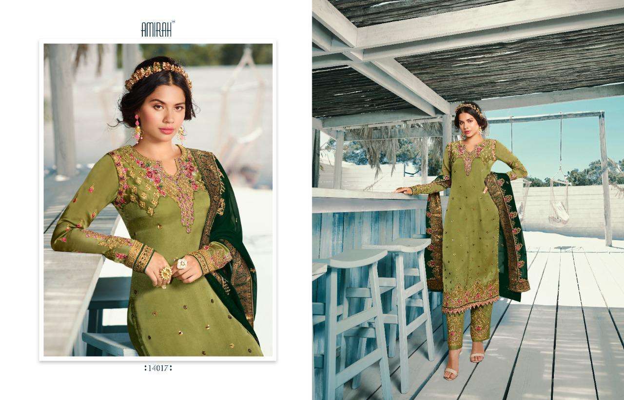 AMIRAH VOL-32 BY AMIRAH 14011 TO 14018 SERIES DESIGNER WEDDING COLLECTION BEAUTIFUL STYLISH FANCY COLORFUL PARTY WEAR & OCCASIONAL WEAR HEAVY SATIN GEORGETTE EMBROIDERED DRESSES AT WHOLESALE PRICE