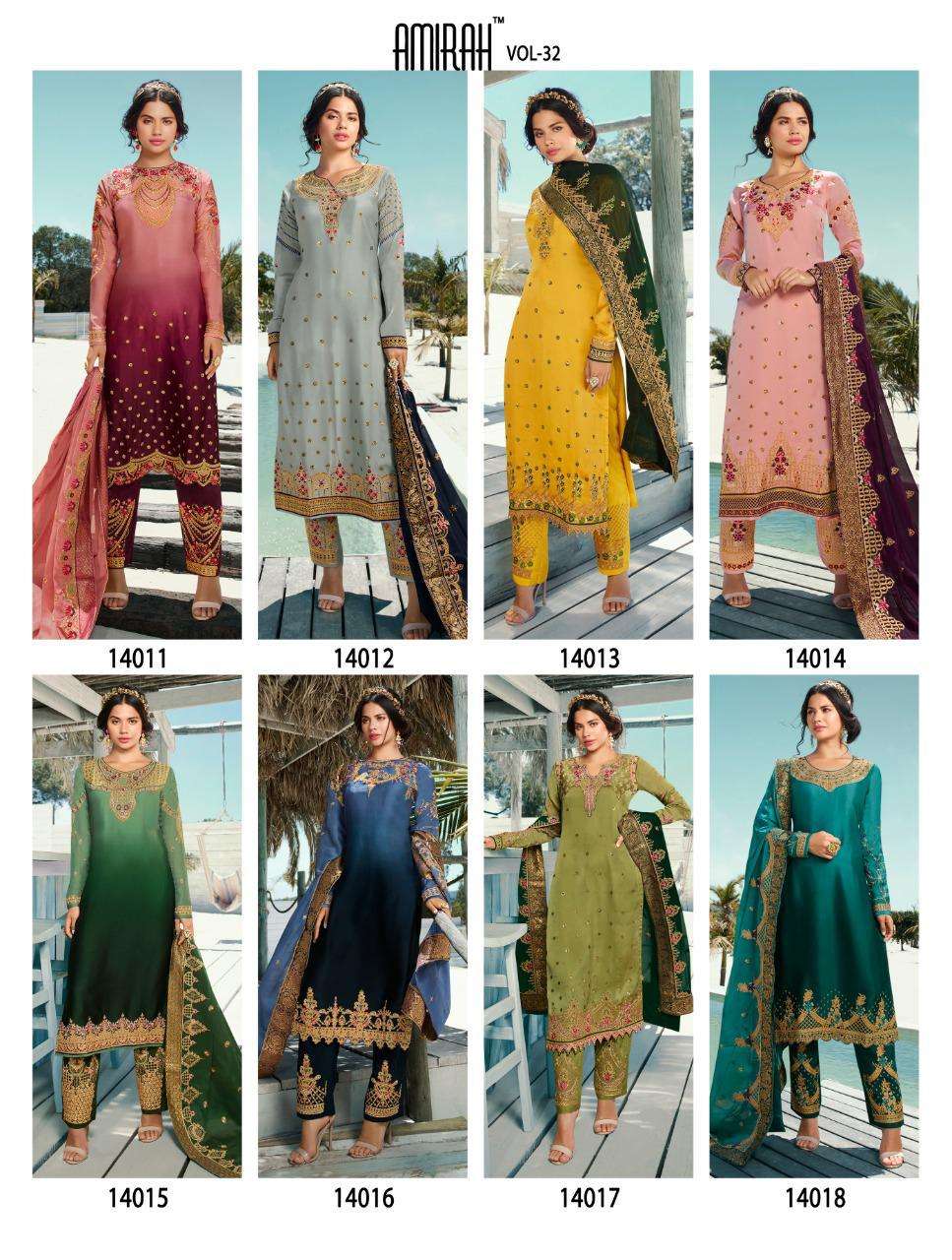 AMIRAH VOL-32 BY AMIRAH 14011 TO 14018 SERIES DESIGNER WEDDING COLLECTION BEAUTIFUL STYLISH FANCY COLORFUL PARTY WEAR & OCCASIONAL WEAR HEAVY SATIN GEORGETTE EMBROIDERED DRESSES AT WHOLESALE PRICE