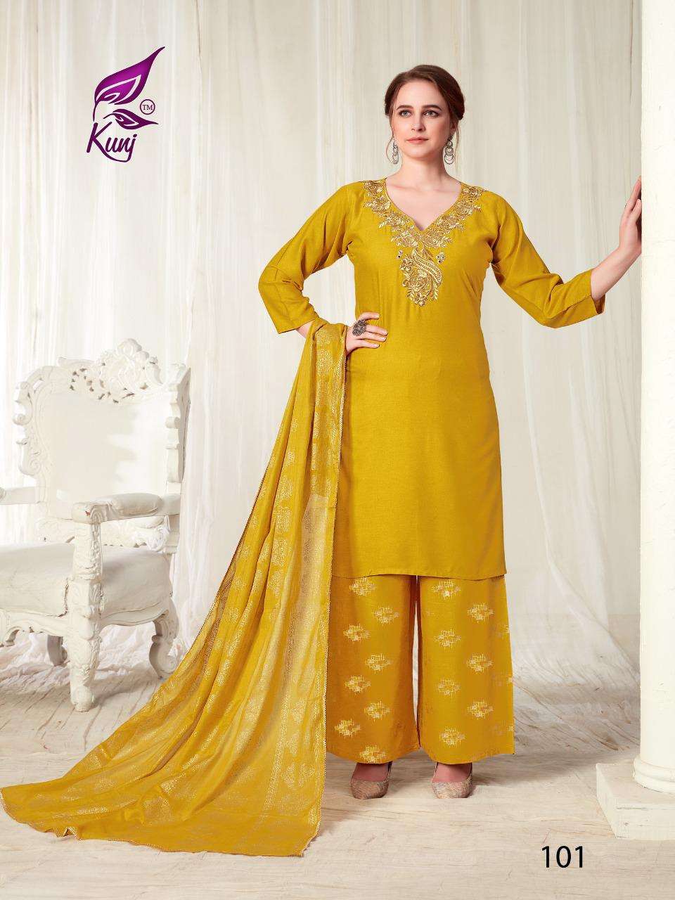 KAINAAT VOL-1 BY KUNJ 101 TO 107 SERIES BEAUTIFUL STYLISH SUITS FANCY COLORFUL CASUAL WEAR & ETHNIC WEAR & READY TO WEAR RAYON WITH ZARI WORK DRESSES AT WHOLESALE PRICE