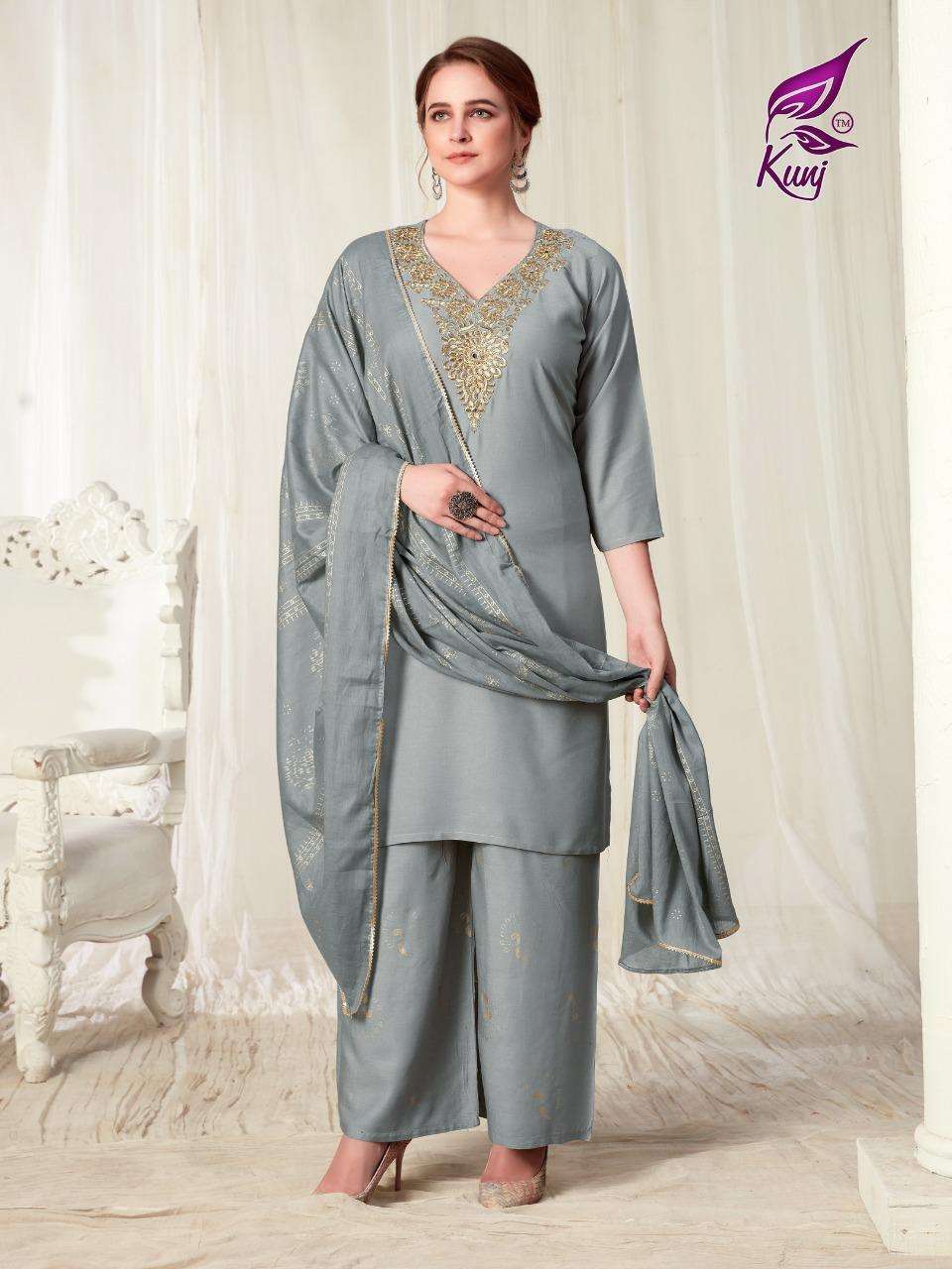 KAINAAT VOL-1 BY KUNJ 101 TO 107 SERIES BEAUTIFUL STYLISH SUITS FANCY COLORFUL CASUAL WEAR & ETHNIC WEAR & READY TO WEAR RAYON WITH ZARI WORK DRESSES AT WHOLESALE PRICE