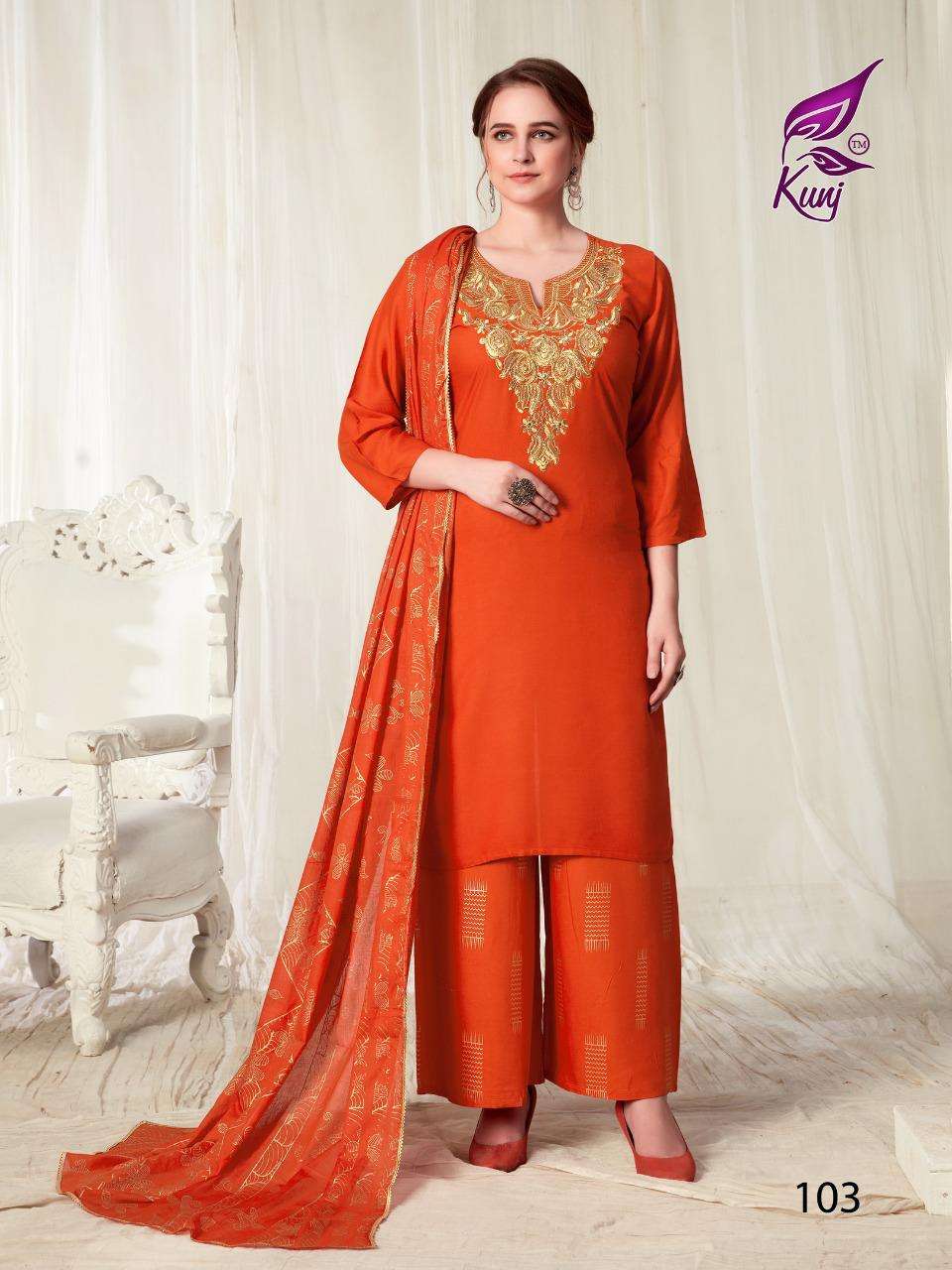 KAINAAT VOL-1 BY KUNJ 101 TO 107 SERIES BEAUTIFUL STYLISH SUITS FANCY COLORFUL CASUAL WEAR & ETHNIC WEAR & READY TO WEAR RAYON WITH ZARI WORK DRESSES AT WHOLESALE PRICE