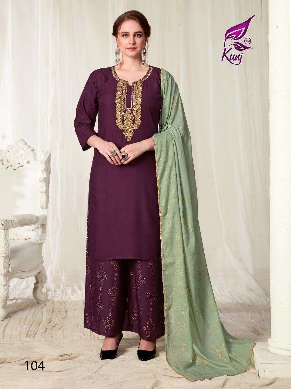 KAINAAT VOL-1 BY KUNJ 101 TO 107 SERIES BEAUTIFUL STYLISH SUITS FANCY COLORFUL CASUAL WEAR & ETHNIC WEAR & READY TO WEAR RAYON WITH ZARI WORK DRESSES AT WHOLESALE PRICE