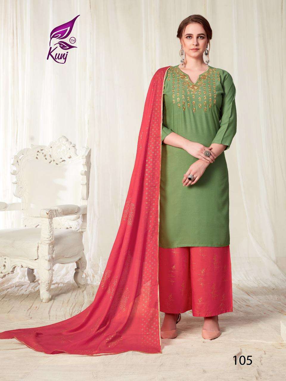 KAINAAT VOL-1 BY KUNJ 101 TO 107 SERIES BEAUTIFUL STYLISH SUITS FANCY COLORFUL CASUAL WEAR & ETHNIC WEAR & READY TO WEAR RAYON WITH ZARI WORK DRESSES AT WHOLESALE PRICE