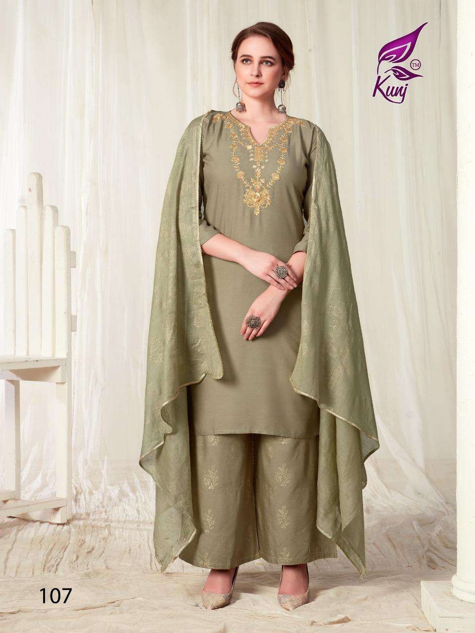 KAINAAT VOL-1 BY KUNJ 101 TO 107 SERIES BEAUTIFUL STYLISH SUITS FANCY COLORFUL CASUAL WEAR & ETHNIC WEAR & READY TO WEAR RAYON WITH ZARI WORK DRESSES AT WHOLESALE PRICE