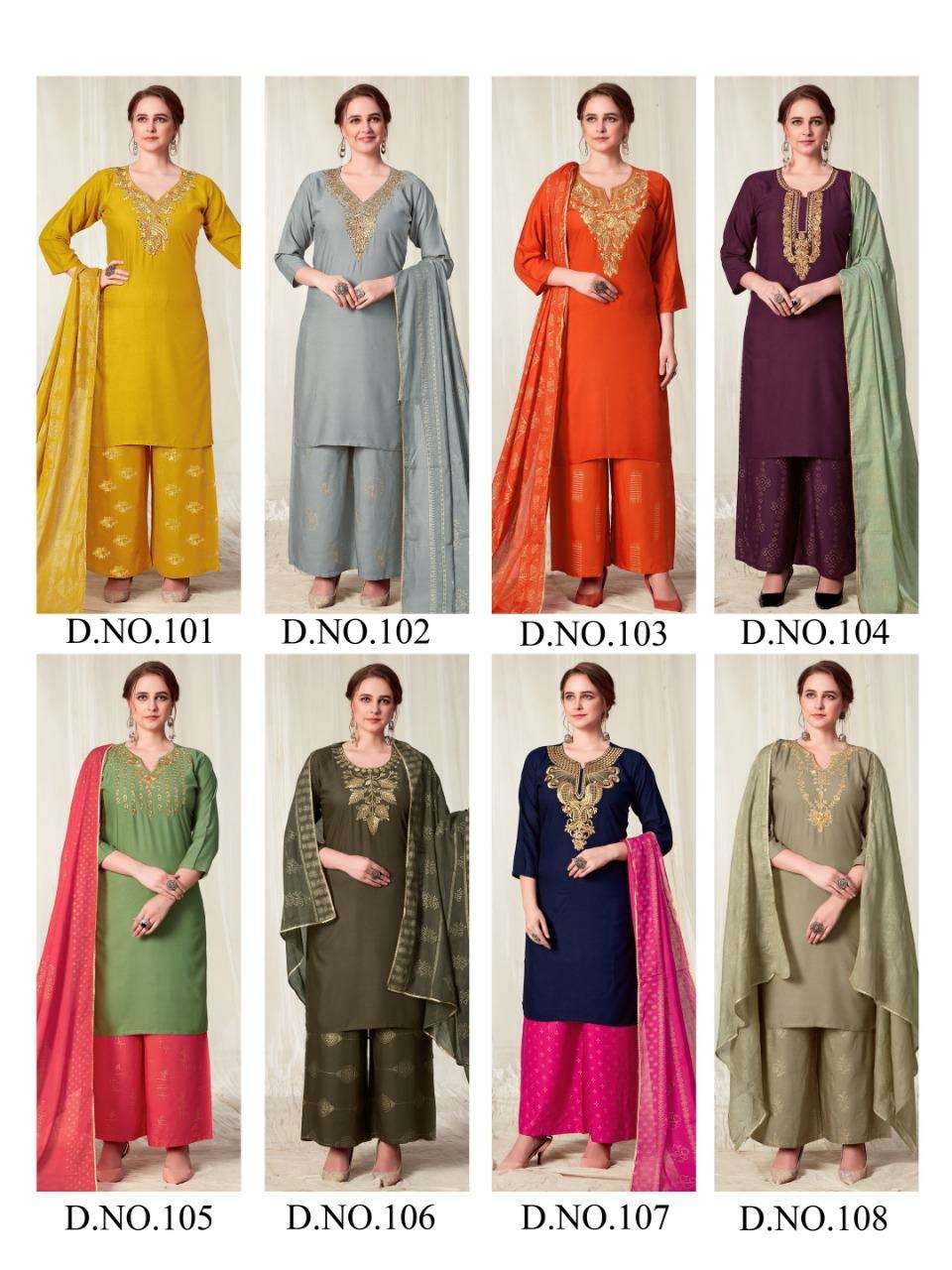 KAINAAT VOL-1 BY KUNJ 101 TO 107 SERIES BEAUTIFUL STYLISH SUITS FANCY COLORFUL CASUAL WEAR & ETHNIC WEAR & READY TO WEAR RAYON WITH ZARI WORK DRESSES AT WHOLESALE PRICE