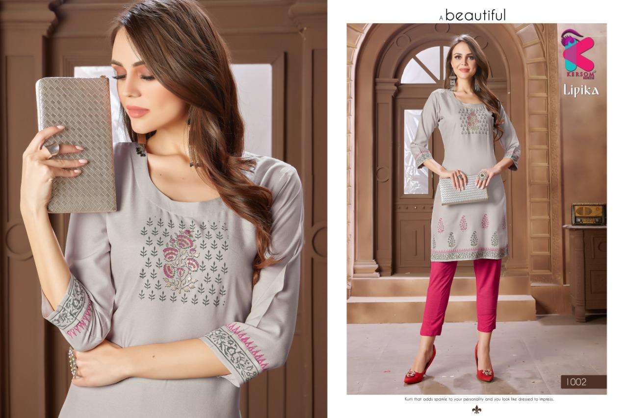 LIPIKA BY KERSOM 1001 TO 1008 SERIES BEAUTIFUL STYLISH FANCY COLORFUL CASUAL WEAR & ETHNIC WEAR & READY TO WEAR HEAVY RAYON KURTIS WITH BOTTOM AT WHOLESALE PRICE