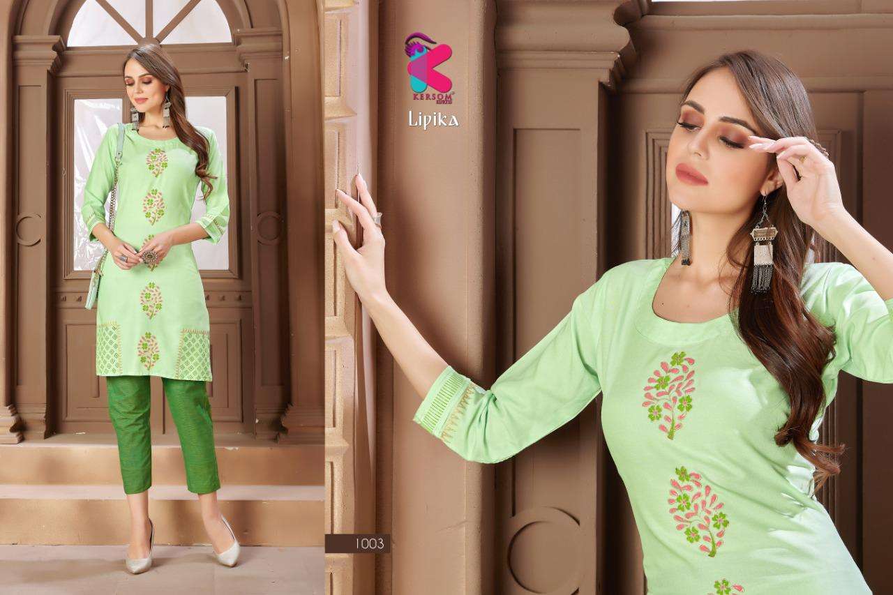 LIPIKA BY KERSOM 1001 TO 1008 SERIES BEAUTIFUL STYLISH FANCY COLORFUL CASUAL WEAR & ETHNIC WEAR & READY TO WEAR HEAVY RAYON KURTIS WITH BOTTOM AT WHOLESALE PRICE