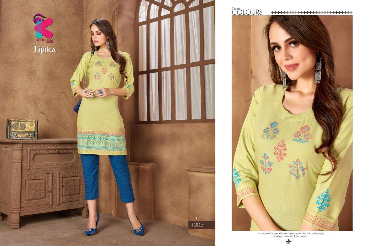 LIPIKA BY KERSOM 1001 TO 1008 SERIES BEAUTIFUL STYLISH FANCY COLORFUL CASUAL WEAR & ETHNIC WEAR & READY TO WEAR HEAVY RAYON KURTIS WITH BOTTOM AT WHOLESALE PRICE