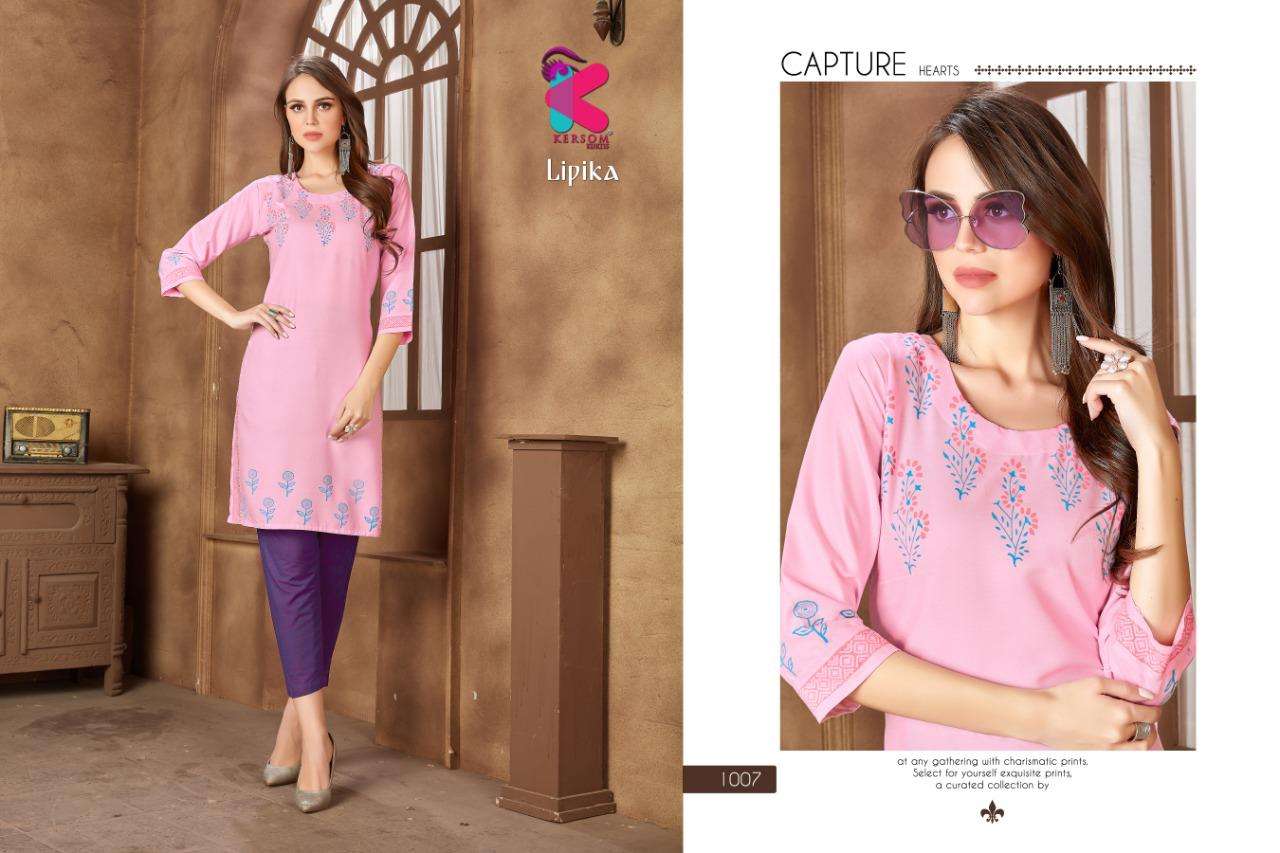 LIPIKA BY KERSOM 1001 TO 1008 SERIES BEAUTIFUL STYLISH FANCY COLORFUL CASUAL WEAR & ETHNIC WEAR & READY TO WEAR HEAVY RAYON KURTIS WITH BOTTOM AT WHOLESALE PRICE
