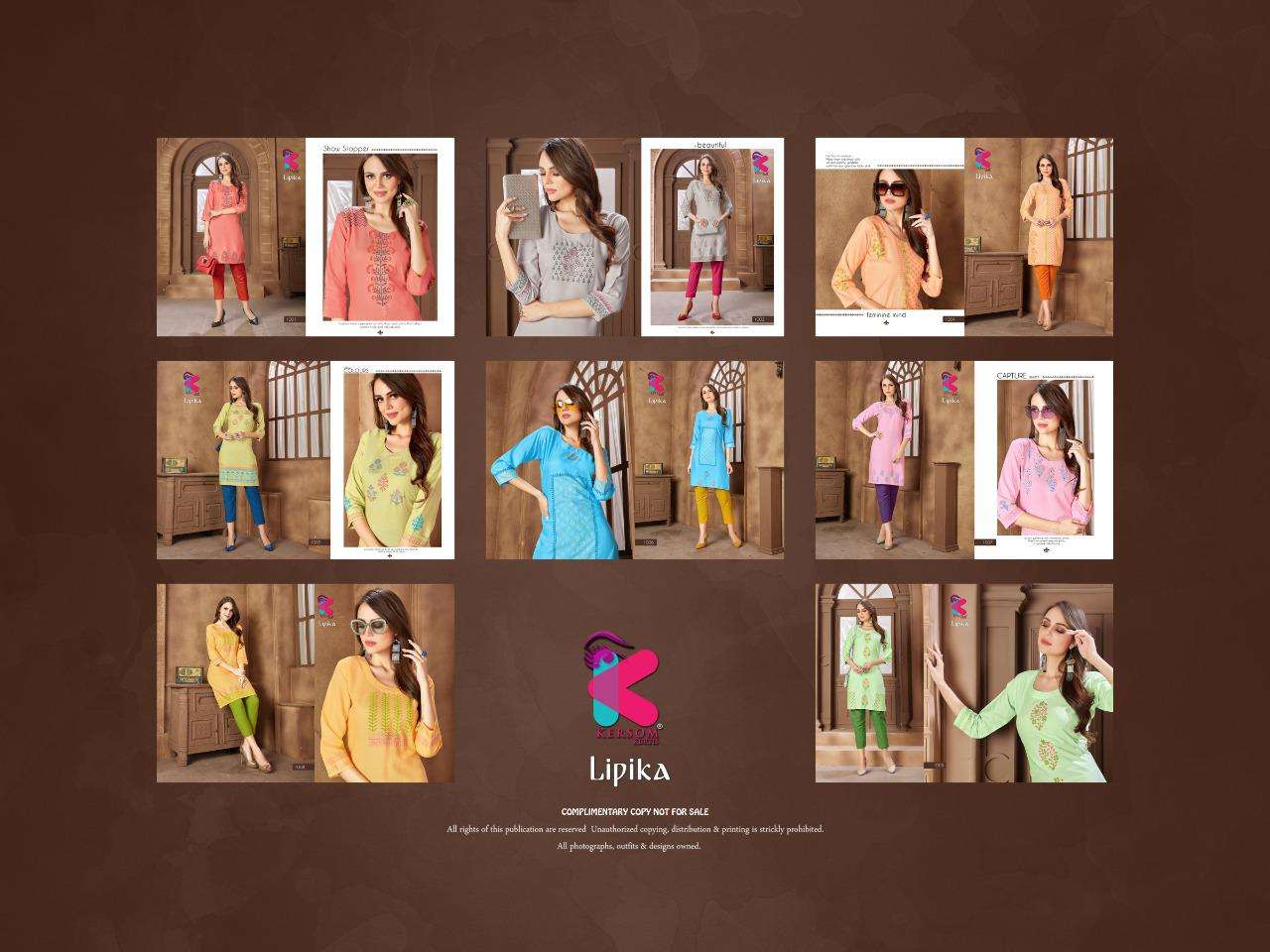 LIPIKA BY KERSOM 1001 TO 1008 SERIES BEAUTIFUL STYLISH FANCY COLORFUL CASUAL WEAR & ETHNIC WEAR & READY TO WEAR HEAVY RAYON KURTIS WITH BOTTOM AT WHOLESALE PRICE