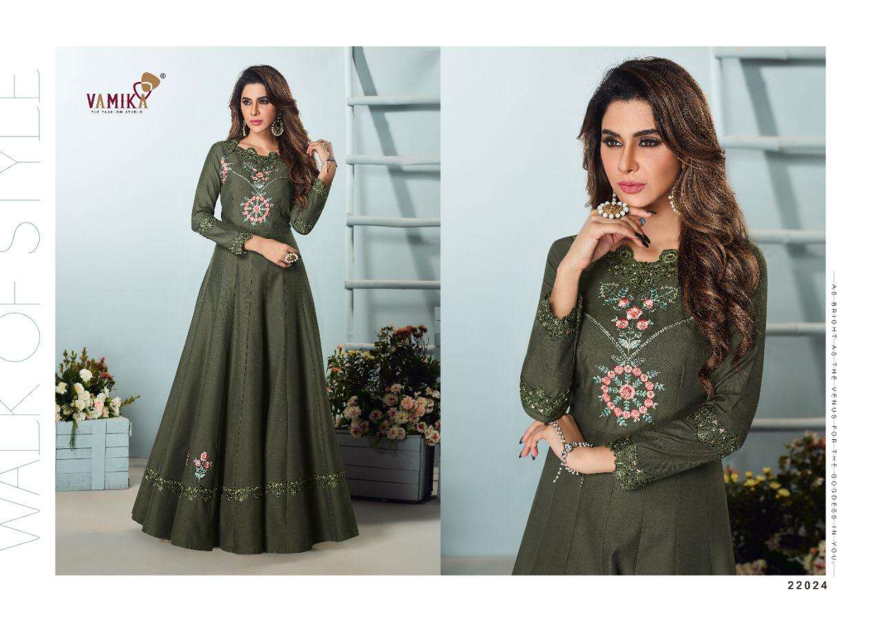 AMORINA VOL-5 BY ARIHANT NX 22021 TO 22025 SERIES DESIGNER WEAR COLLECTION BEAUTIFUL STYLISH FANCY COLORFUL PARTY WEAR & OCCASIONAL WEAR MUSLIN SILK GOWNS AT WHOLESALE PRICE
