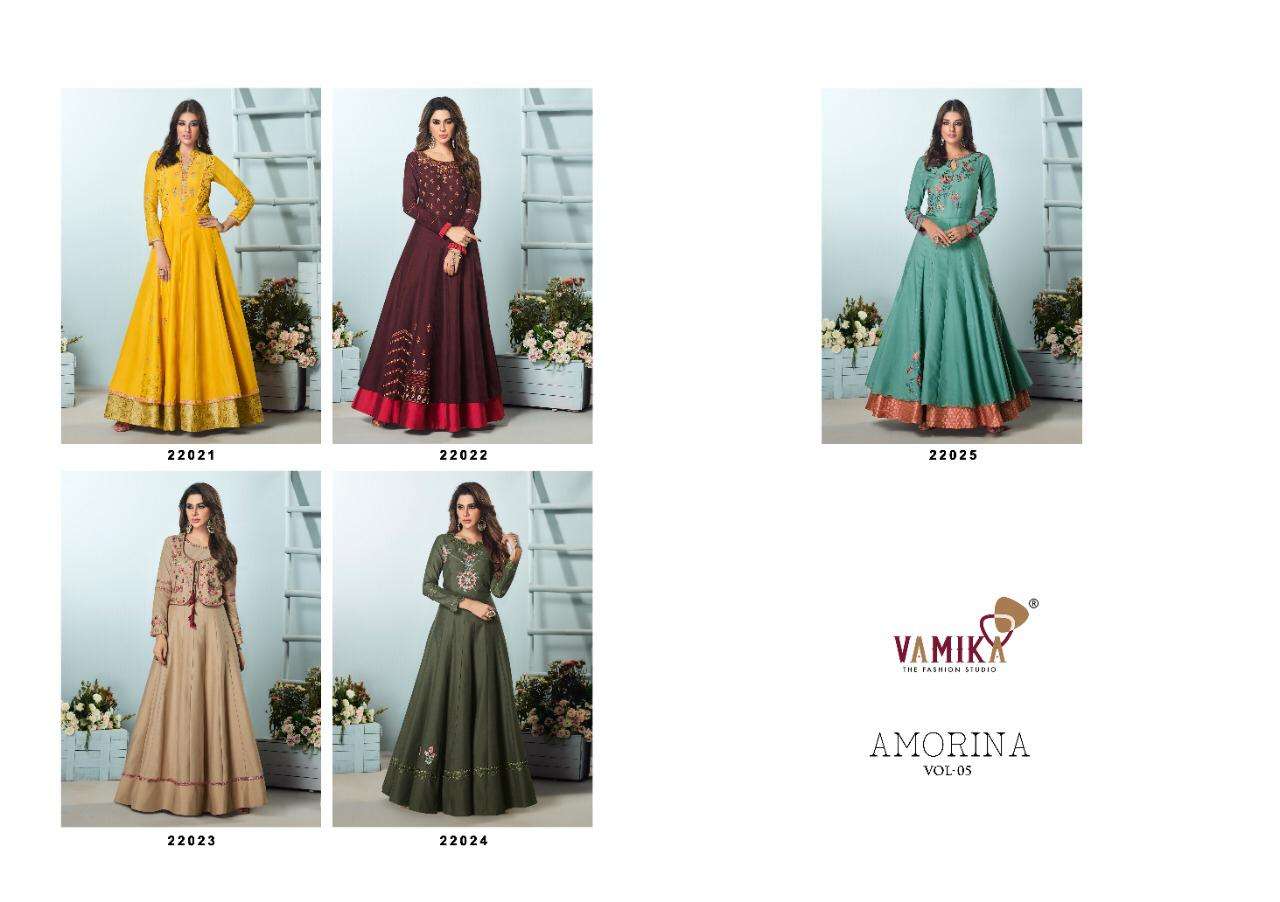 AMORINA VOL-5 BY ARIHANT NX 22021 TO 22025 SERIES DESIGNER WEAR COLLECTION BEAUTIFUL STYLISH FANCY COLORFUL PARTY WEAR & OCCASIONAL WEAR MUSLIN SILK GOWNS AT WHOLESALE PRICE