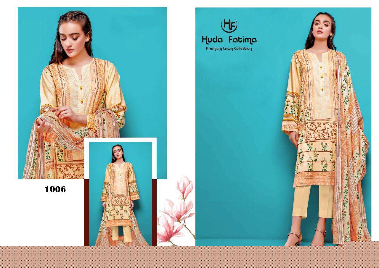 EXCLUSIVE SPRING LAWN COLLECTION 2020 BY HUDA FATIMA 1001 TO 1010 SERIES BEAUTIFUL SUITS STYLISH FANCY COLORFUL CASUAL WEAR & ETHNIC WEAR PURE CAMBRIC DRESSES AT WHOLESALE PRICE