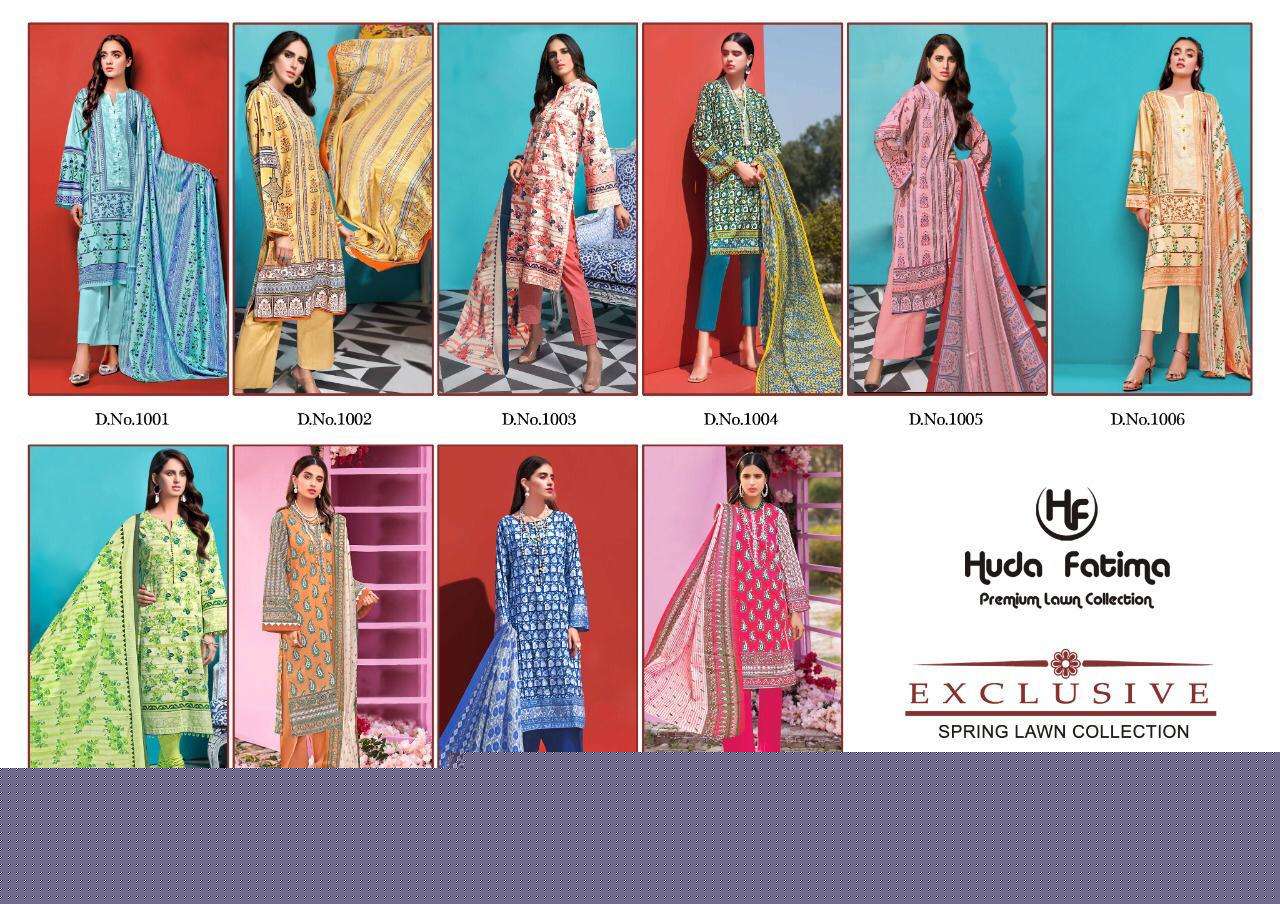 EXCLUSIVE SPRING LAWN COLLECTION 2020 BY HUDA FATIMA 1001 TO 1010 SERIES BEAUTIFUL SUITS STYLISH FANCY COLORFUL CASUAL WEAR & ETHNIC WEAR PURE CAMBRIC DRESSES AT WHOLESALE PRICE