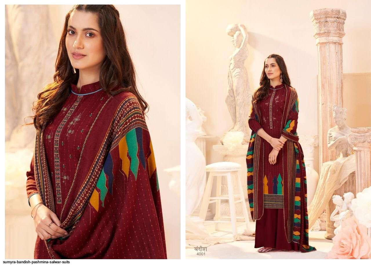 BANDISH BY SUMYRA 4001 TO 4008 SERIES BEAUTIFUL SUITS STYLISH FANCY COLORFUL CASUAL WEAR & ETHNIC WEAR PURE PASHMINA PRINT WITH EMBROIDERY DRESSES AT WHOLESALE PRICE