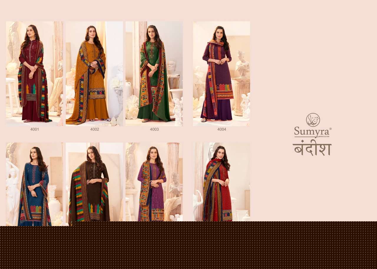 BANDISH BY SUMYRA 4001 TO 4008 SERIES BEAUTIFUL SUITS STYLISH FANCY COLORFUL CASUAL WEAR & ETHNIC WEAR PURE PASHMINA PRINT WITH EMBROIDERY DRESSES AT WHOLESALE PRICE