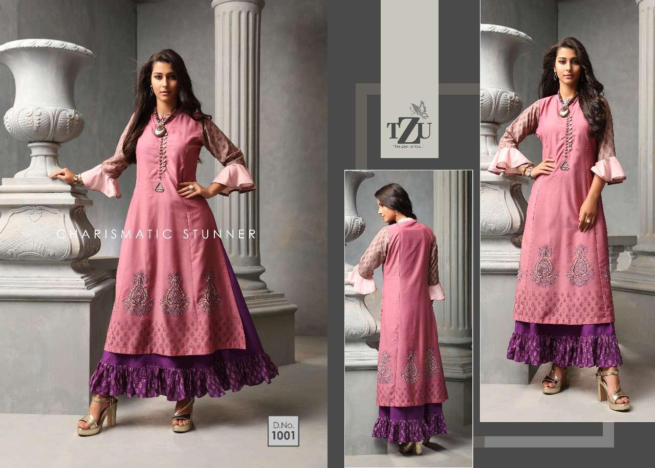 CHARMING BY TZU 1001 TO 1005 SERIES BEAUTIFUL STYLISH FANCY COLORFUL CASUAL WEAR & ETHNIC WEAR & READY TO WEAR USSAR SILK AND MUSLIN GOWNS AT WHOLESALE PRICE