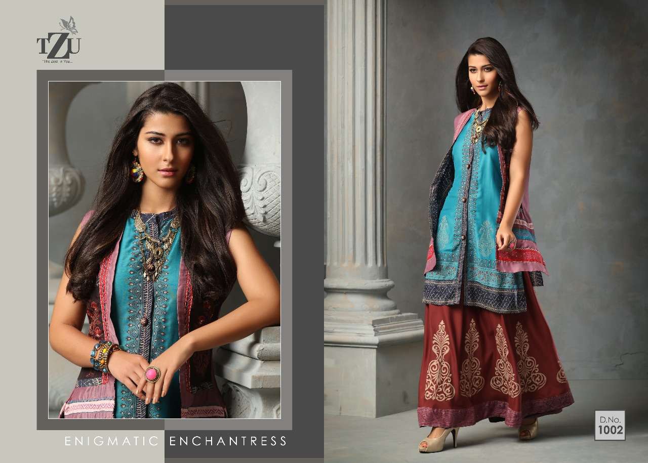 CHARMING BY TZU 1001 TO 1005 SERIES BEAUTIFUL STYLISH FANCY COLORFUL CASUAL WEAR & ETHNIC WEAR & READY TO WEAR USSAR SILK AND MUSLIN GOWNS AT WHOLESALE PRICE