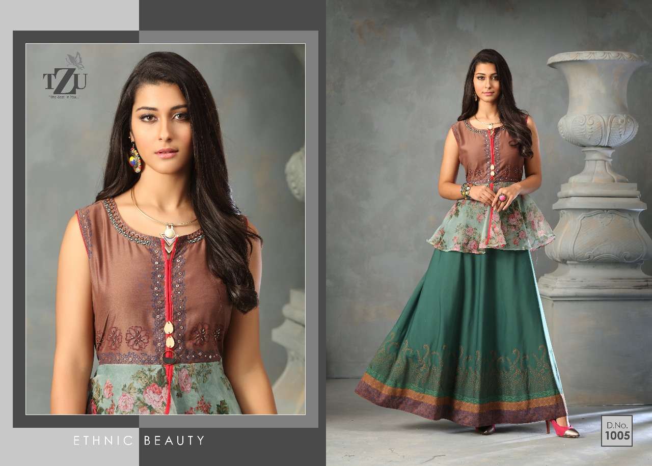CHARMING BY TZU 1001 TO 1005 SERIES BEAUTIFUL STYLISH FANCY COLORFUL CASUAL WEAR & ETHNIC WEAR & READY TO WEAR USSAR SILK AND MUSLIN GOWNS AT WHOLESALE PRICE