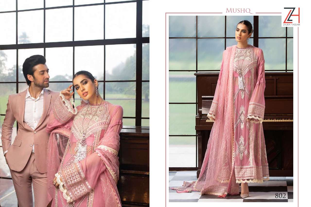 MUSHQ 801 SERIES BY ZAURA HASSAN 801 TO 804 SERIES BEAUTIFUL PAKISTANI SUITS COLORFUL STYLISH FANCY CASUAL WEAR & ETHNIC WEAR FAUX GEORGETTE WITH EMBROIDERED DRESSES AT WHOLESALE PRICE