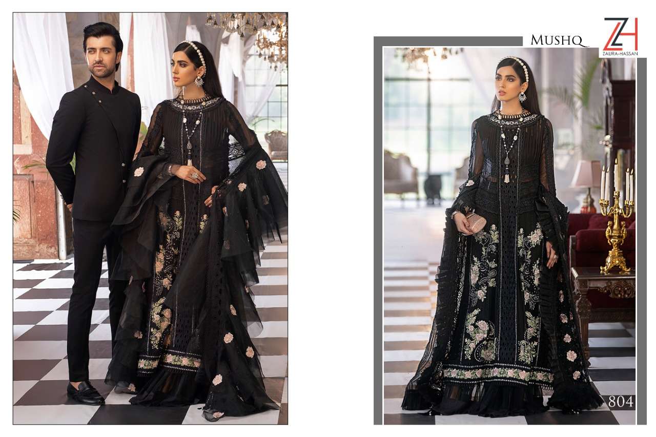 MUSHQ 801 SERIES BY ZAURA HASSAN 801 TO 804 SERIES BEAUTIFUL PAKISTANI SUITS COLORFUL STYLISH FANCY CASUAL WEAR & ETHNIC WEAR FAUX GEORGETTE WITH EMBROIDERED DRESSES AT WHOLESALE PRICE