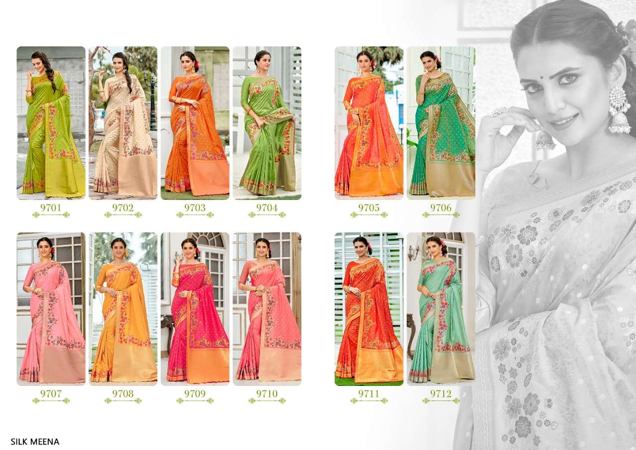 SILK MEENA BY SHREE MATARAM 9701 TO 9712 SERIES INDIAN TRADITIONAL WEAR COLLECTION BEAUTIFUL STYLISH FANCY COLORFUL PARTY WEAR & OCCASIONAL WEAR WEAVING ART SILK SAREES AT WHOLESALE PRICE