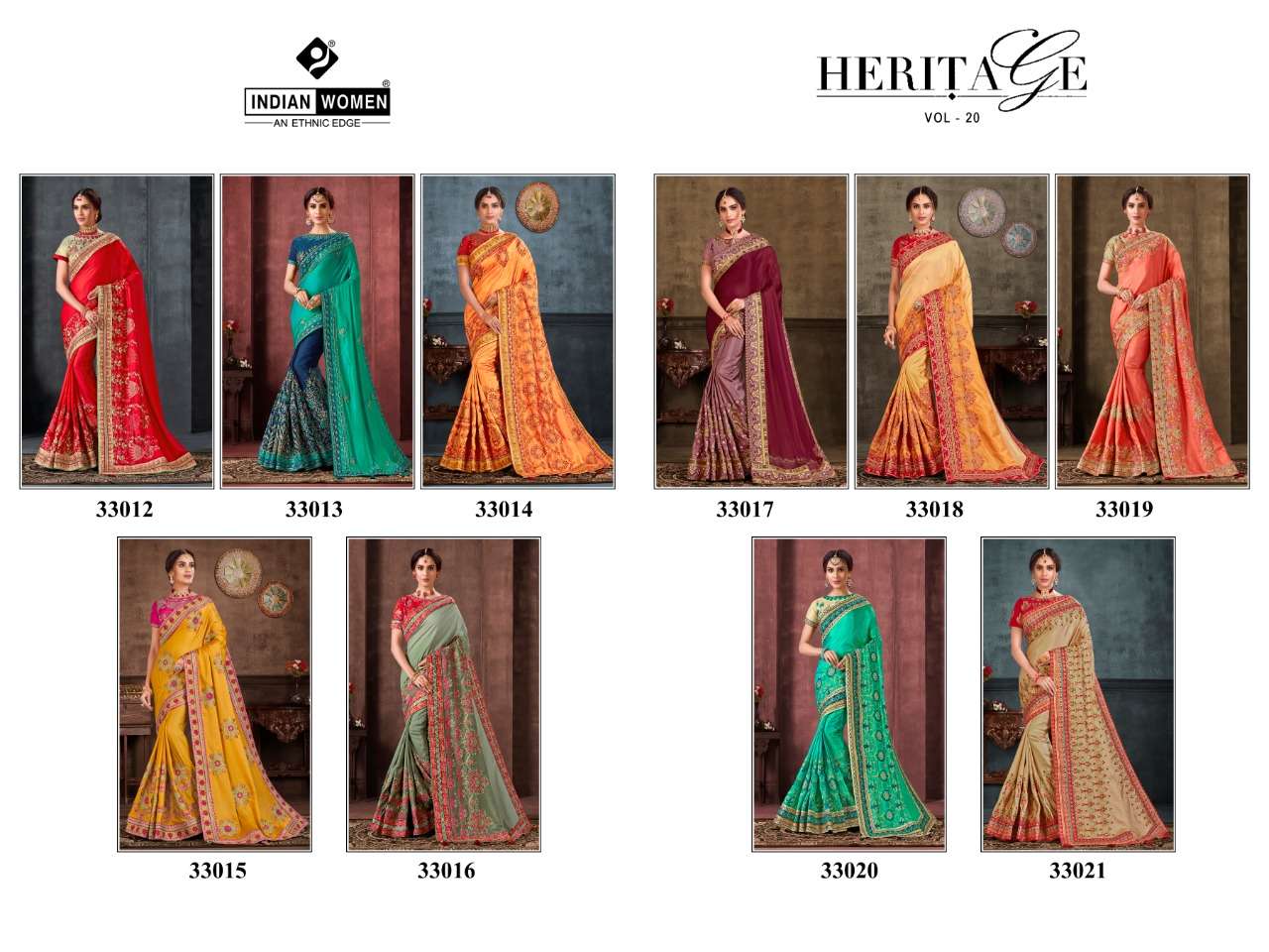 HERITAGE VOL-20 BY INDIAN WOMEN 33012 TO 33021 SERIES INDIAN TRADITIONAL WEAR COLLECTION BEAUTIFUL STYLISH FANCY COLORFUL PARTY WEAR & OCCASIONAL WEAR TWO TONE SILK EMBROIDERED SAREES AT WHOLESALE PRICE