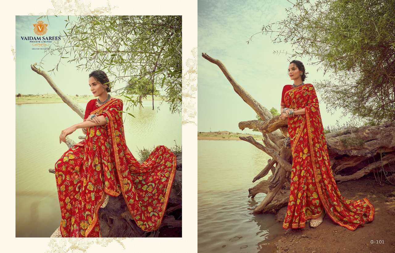 GAVRI BY VAIDAM SAREES 101 TO 110 SERIES INDIAN TRADITIONAL WEAR COLLECTION BEAUTIFUL STYLISH FANCY COLORFUL PARTY WEAR & OCCASIONAL WEAR KIVA GEORGETTE SAREES AT WHOLESALE PRICE