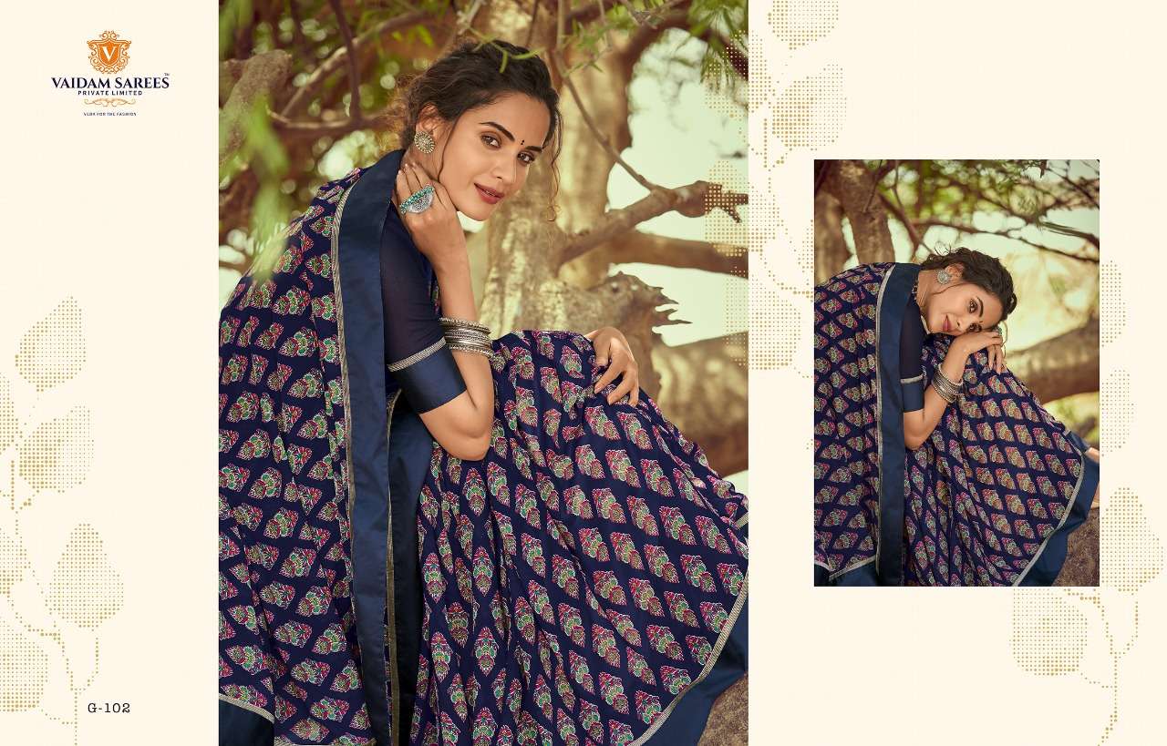 GAVRI BY VAIDAM SAREES 101 TO 110 SERIES INDIAN TRADITIONAL WEAR COLLECTION BEAUTIFUL STYLISH FANCY COLORFUL PARTY WEAR & OCCASIONAL WEAR KIVA GEORGETTE SAREES AT WHOLESALE PRICE