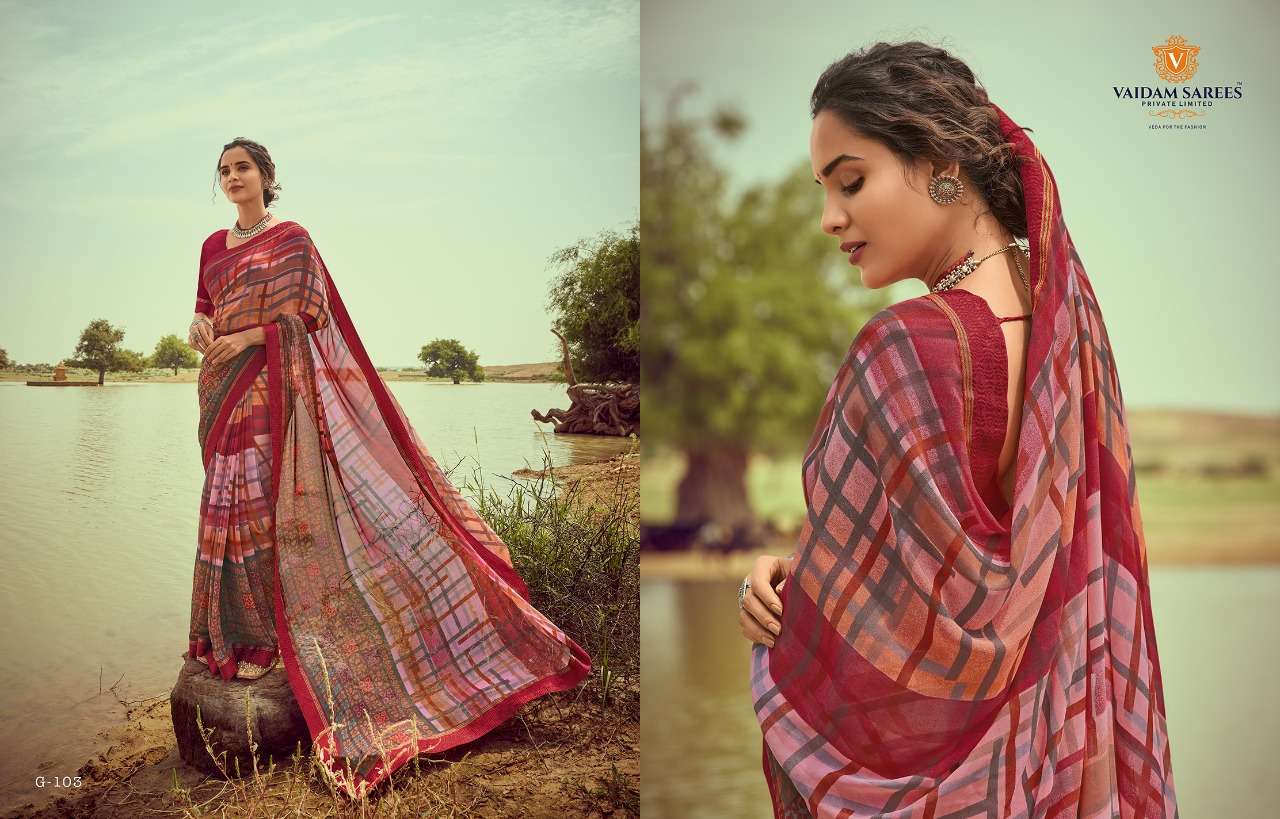 GAVRI BY VAIDAM SAREES 101 TO 110 SERIES INDIAN TRADITIONAL WEAR COLLECTION BEAUTIFUL STYLISH FANCY COLORFUL PARTY WEAR & OCCASIONAL WEAR KIVA GEORGETTE SAREES AT WHOLESALE PRICE