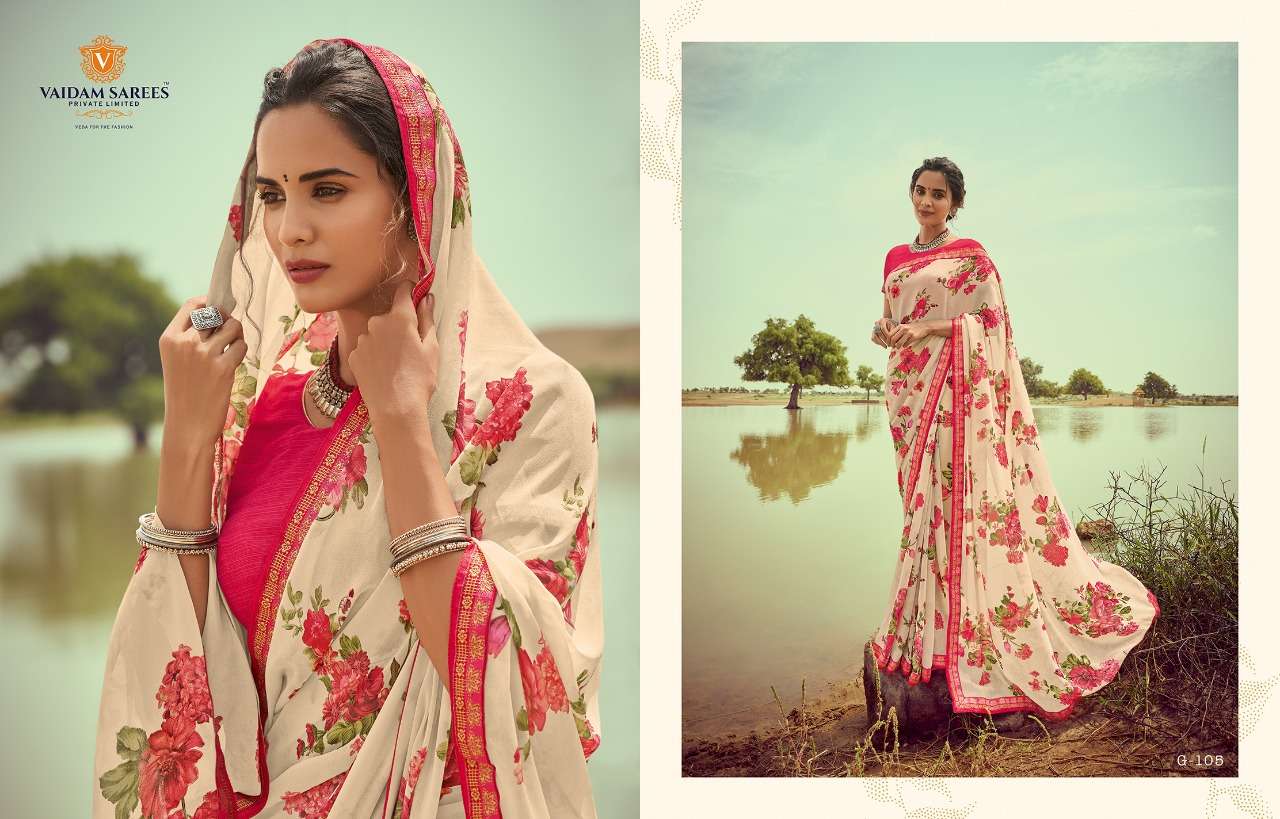 GAVRI BY VAIDAM SAREES 101 TO 110 SERIES INDIAN TRADITIONAL WEAR COLLECTION BEAUTIFUL STYLISH FANCY COLORFUL PARTY WEAR & OCCASIONAL WEAR KIVA GEORGETTE SAREES AT WHOLESALE PRICE