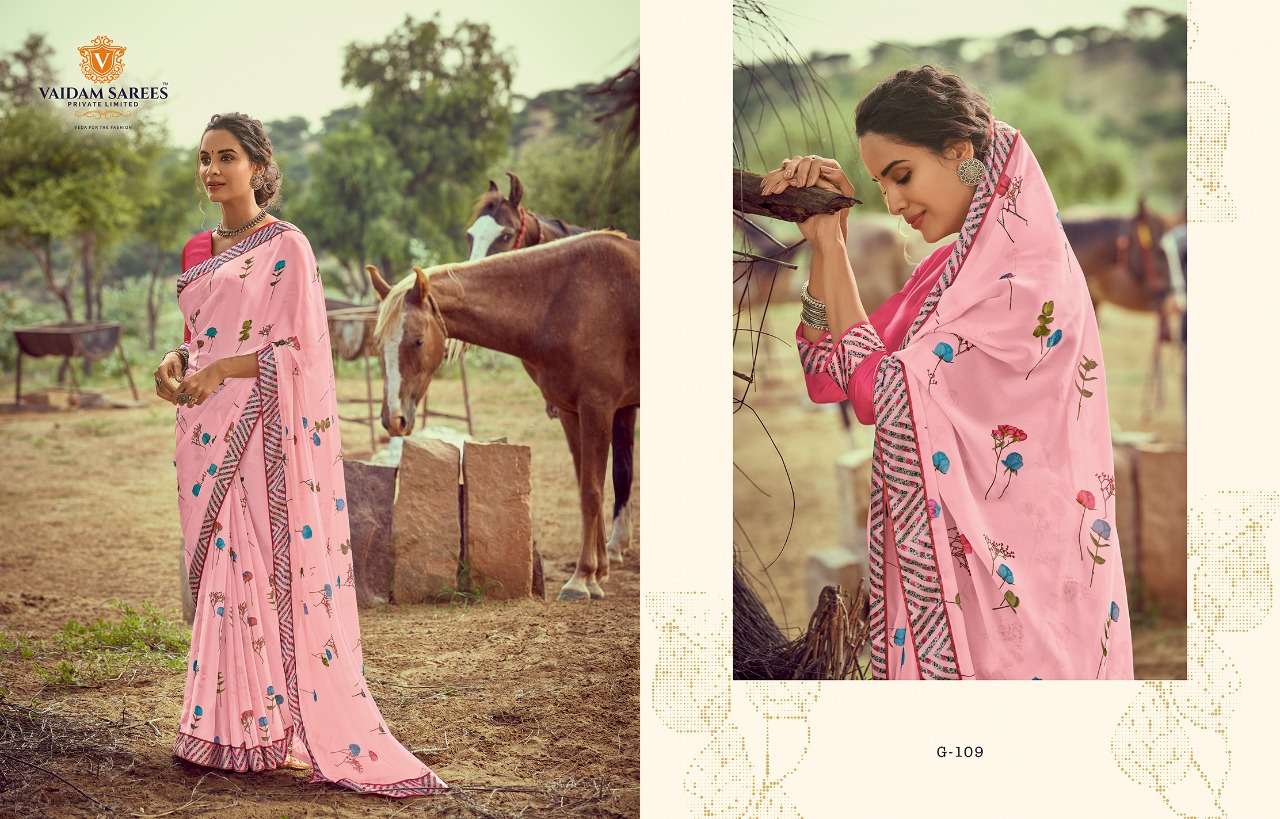 GAVRI BY VAIDAM SAREES 101 TO 110 SERIES INDIAN TRADITIONAL WEAR COLLECTION BEAUTIFUL STYLISH FANCY COLORFUL PARTY WEAR & OCCASIONAL WEAR KIVA GEORGETTE SAREES AT WHOLESALE PRICE