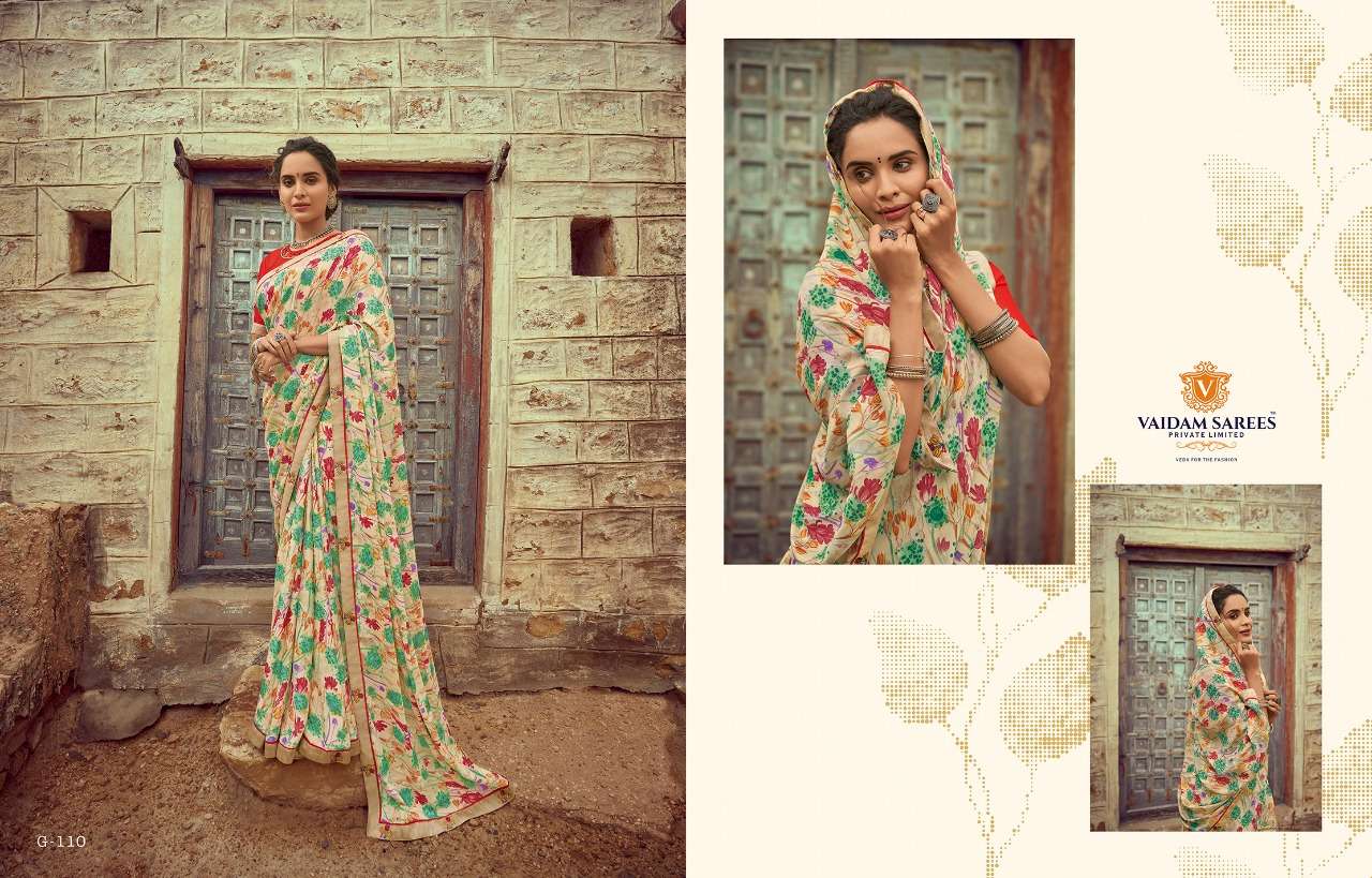 GAVRI BY VAIDAM SAREES 101 TO 110 SERIES INDIAN TRADITIONAL WEAR COLLECTION BEAUTIFUL STYLISH FANCY COLORFUL PARTY WEAR & OCCASIONAL WEAR KIVA GEORGETTE SAREES AT WHOLESALE PRICE