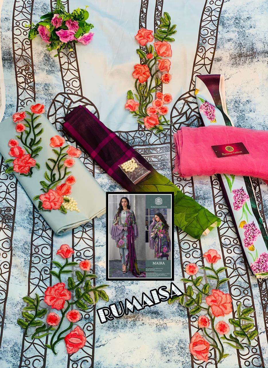 MAIRA BY RUMAISHA FASHION BEAUTIFUL STYLISH PAKISATNI SUITS FANCY COLORFUL CASUAL WEAR & ETHNIC WEAR & READY TO WEAR JAM COTTON WITH EMBROIDERY DRESSES AT WHOLESALE PRICE