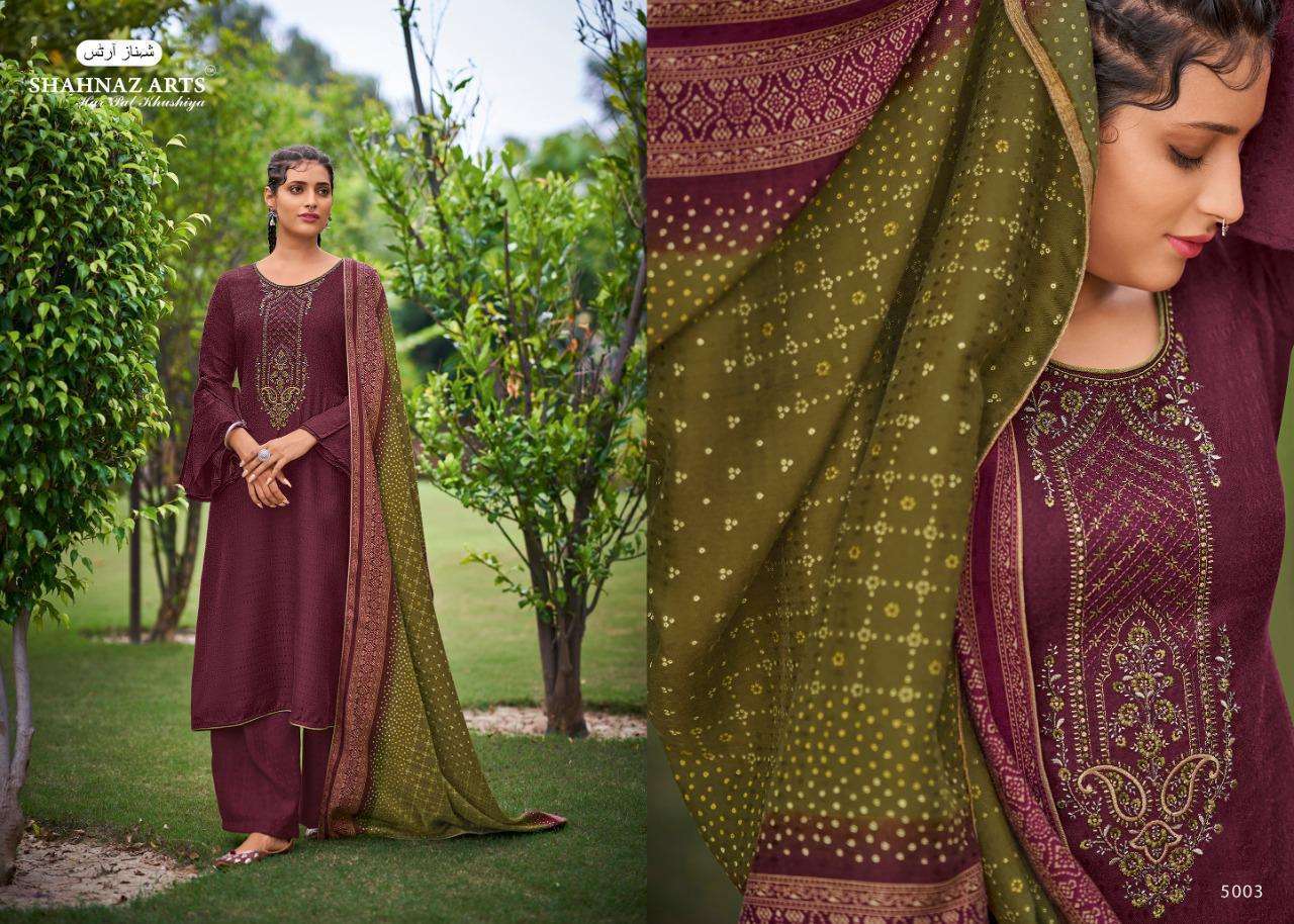 GULMOHAR VOL-4 BY SHAHNAZ ARTS 5001 TO 5008 SERIES INDIAN TRADITIONAL WEAR COLLECTION BEAUTIFUL STYLISH FANCY COLORFUL PARTY WEAR & OCCASIONAL WEAR HEAVY PASHMINA PRINT WITH EMBROIDERY DRESSES AT WHOLESALE PRICE