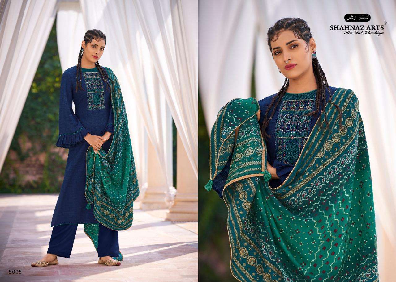 GULMOHAR VOL-4 BY SHAHNAZ ARTS 5001 TO 5008 SERIES INDIAN TRADITIONAL WEAR COLLECTION BEAUTIFUL STYLISH FANCY COLORFUL PARTY WEAR & OCCASIONAL WEAR HEAVY PASHMINA PRINT WITH EMBROIDERY DRESSES AT WHOLESALE PRICE